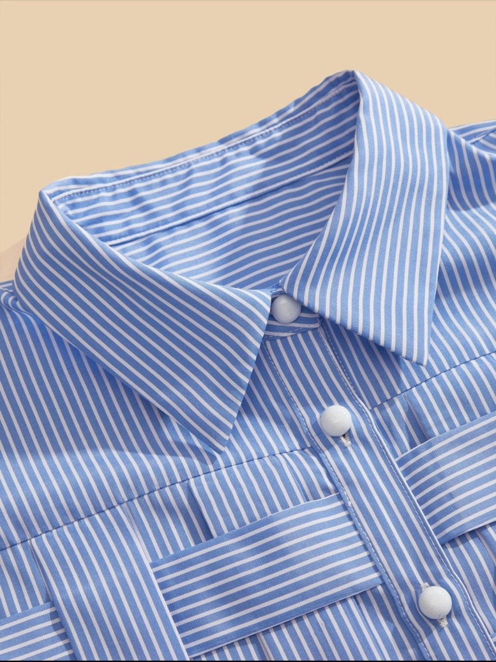 Classic Unique Panel Button Up Down Front Shirt Top Blouse Blue White - Picture 8 of 14
